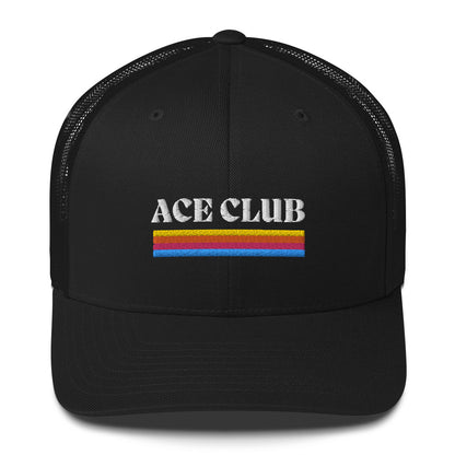 black trucker hat with colorful stripes and the text Ace Club on the front of it. 