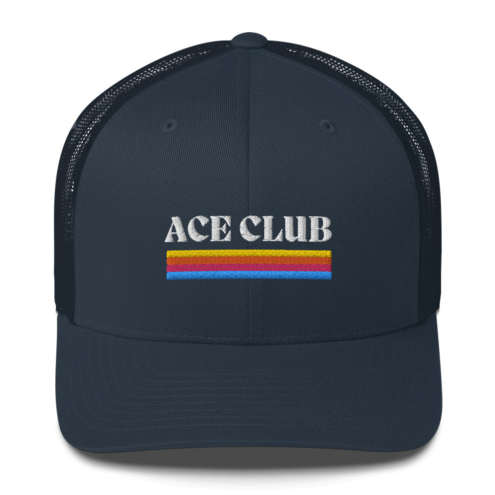 Blue trucker hat with colorful stripes and the text Ace Club on the front of it. 