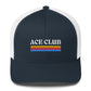 White and blue rucker hat with colorful stripes and the text Ace Club on the front of it. 