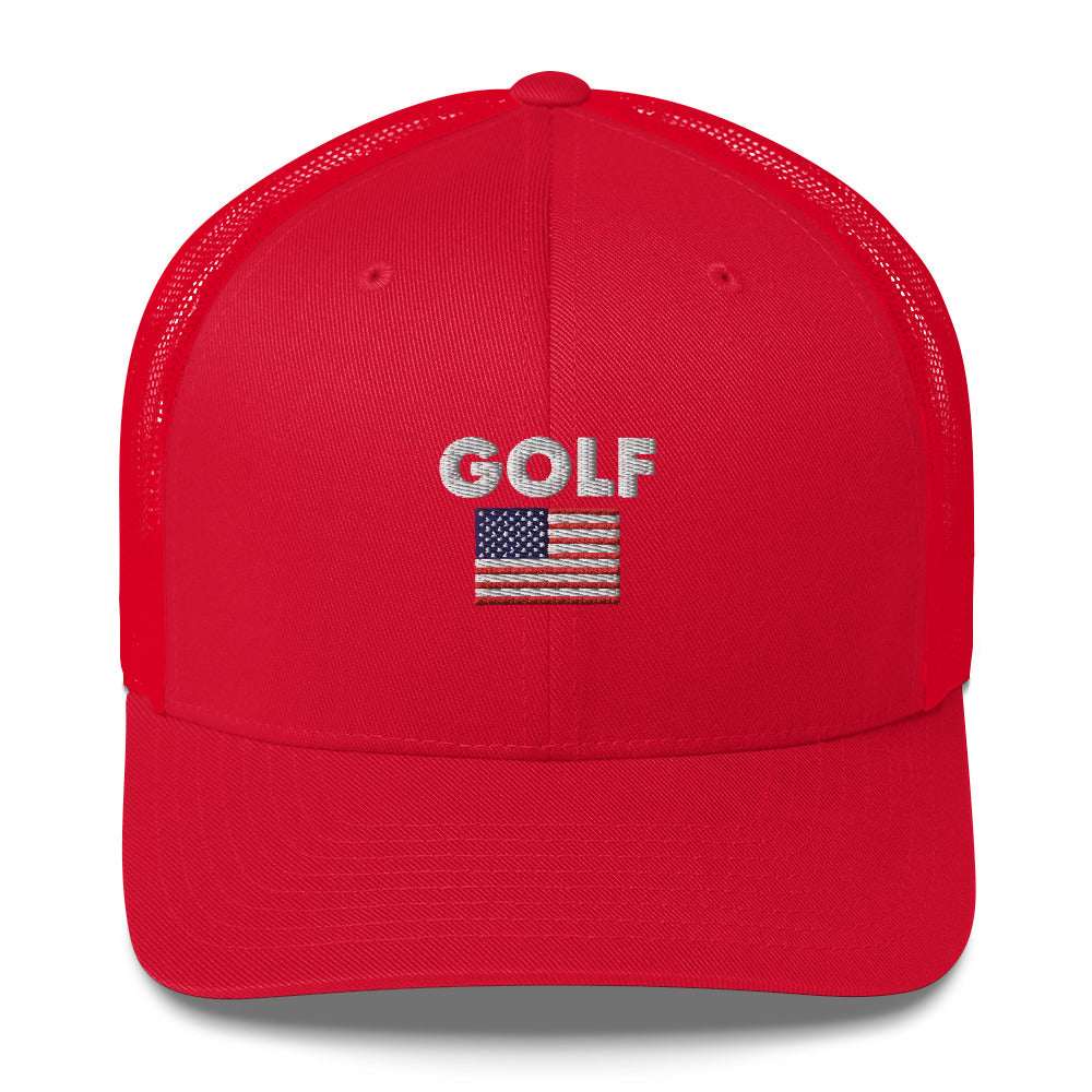 Golf USA Flag Embroidered Adult Trucker Cap Red